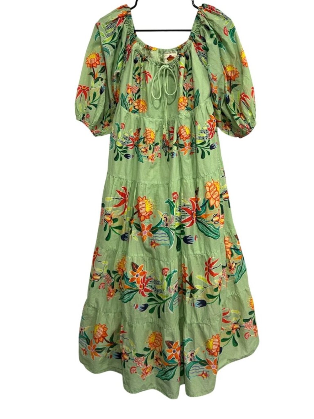 Anthropologie Medium Green Puff Sleeve Lined Maxi Dress Floralcore Boho Chic